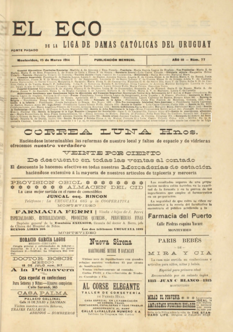 EL ECO (DE LA LIGA DE LAS DAMAS CATOLICAS DEL URUGUAY) del 15/03/1914
